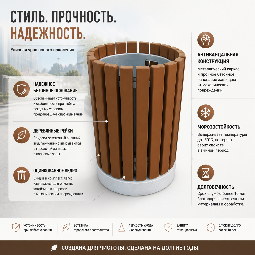 Деревянная урна на железобетонном основании круглая