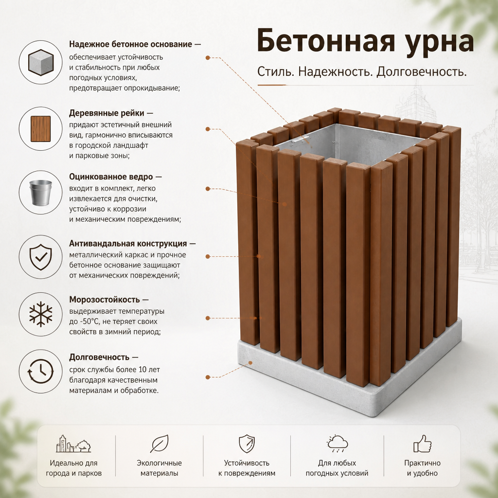 Урна деревянная на бетонном основании прямоугольная