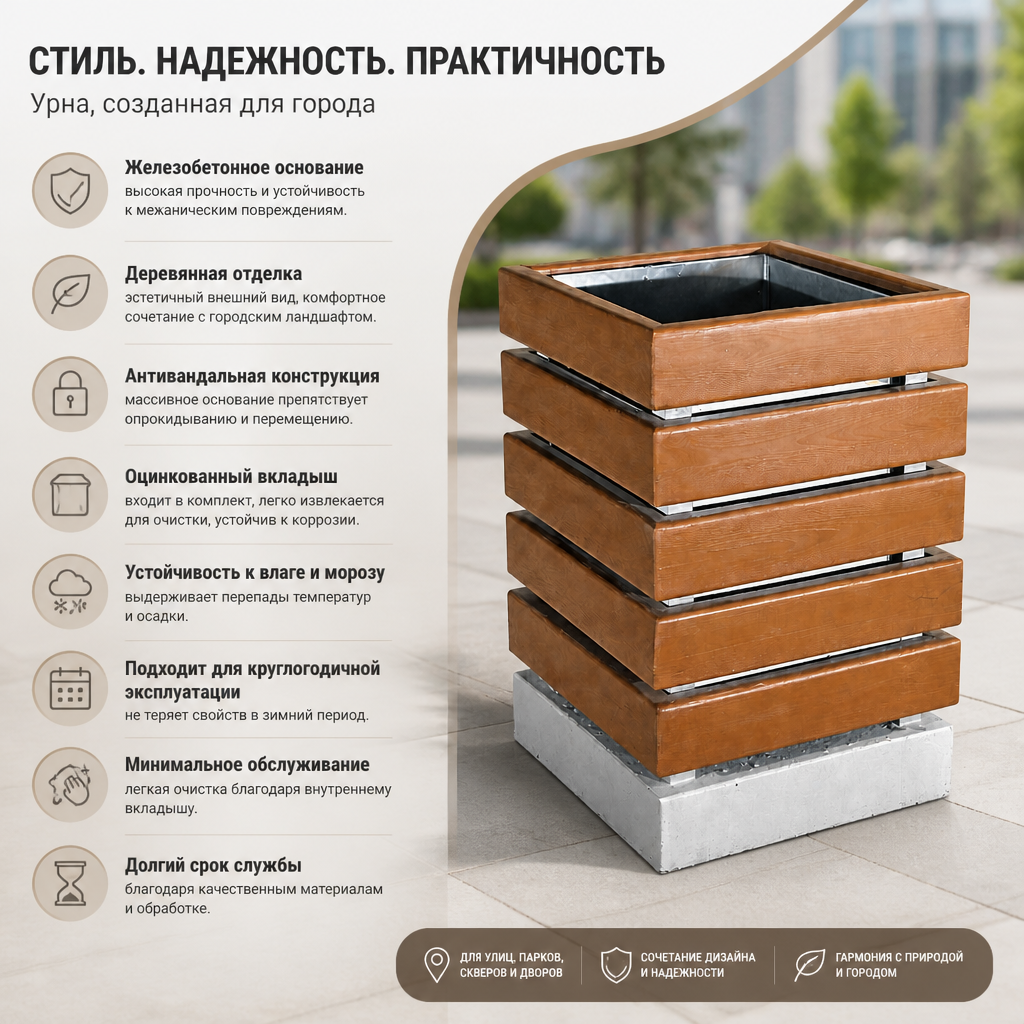 Урна на бетонным основании деревянная