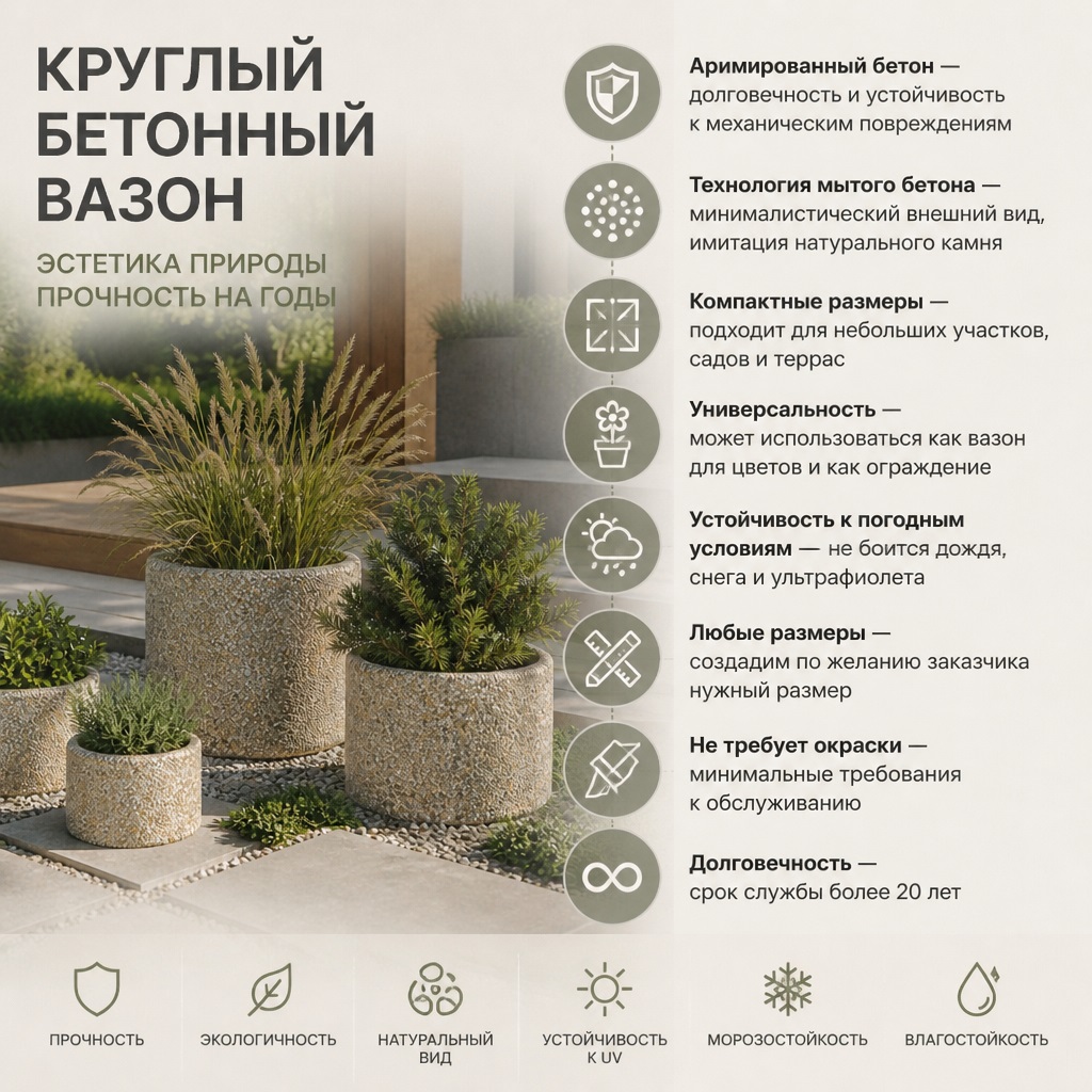 Круглый бетонный вазон